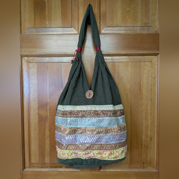 Boho Sequined Fabric Hobo Bucket Shoulder Bag - Picture 9 of 9
